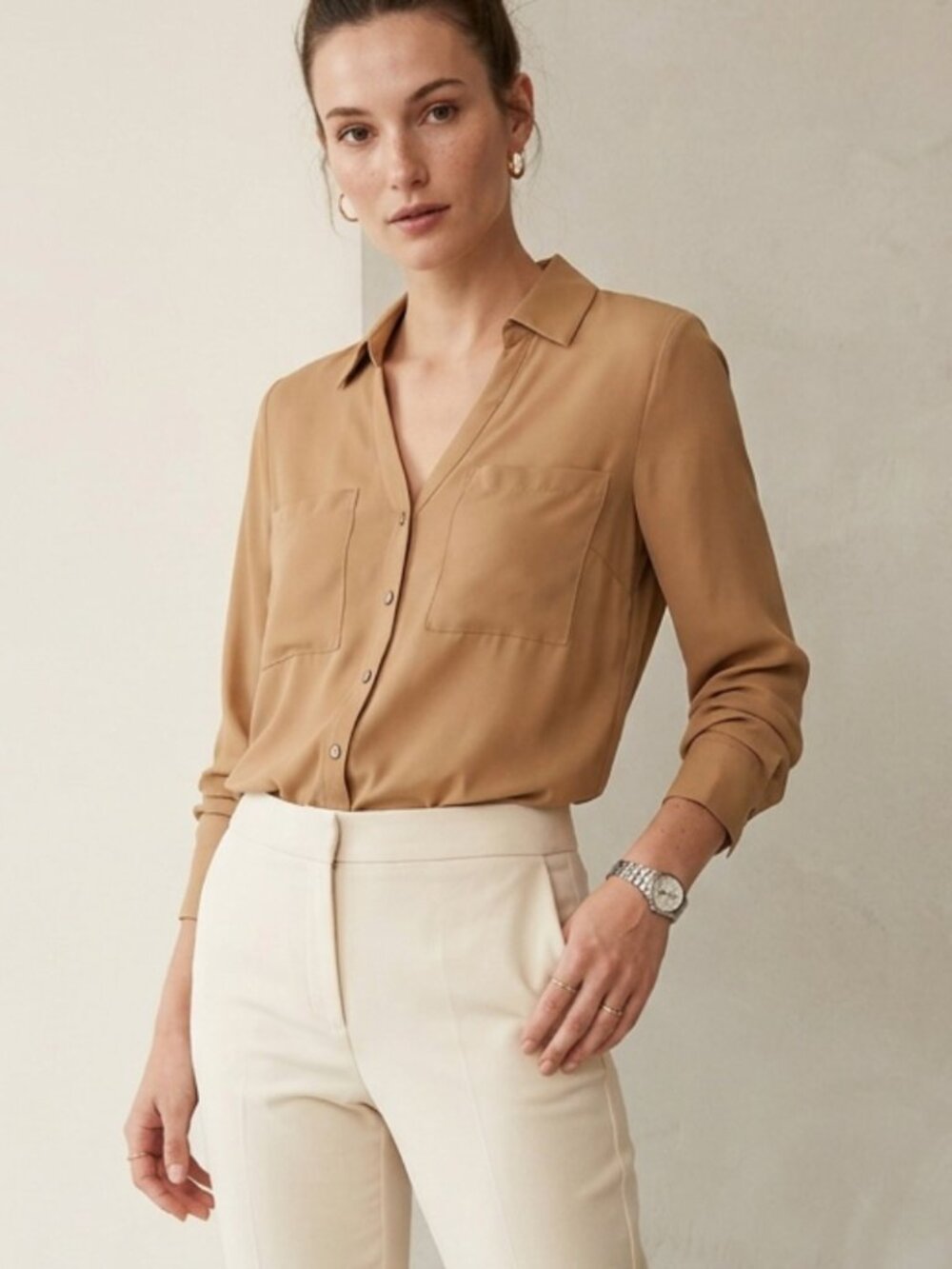 WORTHINGTON | Tan Snap Button-Front Long Sleeve Blouse Sz M